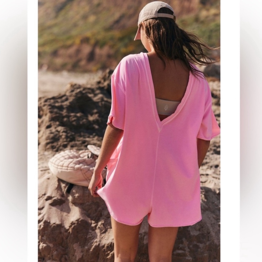 FP Movement by Free People Pink Short Sleeve V-Neck Back Romper - Picture 3 of 6